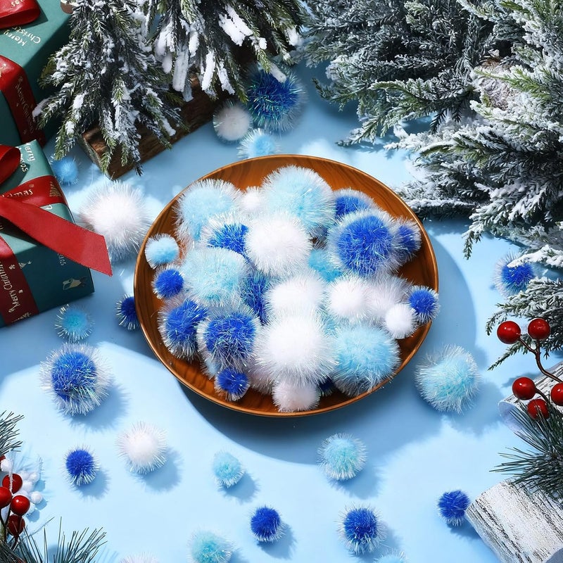 Knitgrip 150 Pcs Large Glitter Tinsel Pom Poms 2.5" 2" 1.4" 1" Christmas Pompom Balls Jumbo Glitter Balls for DIY Craft Making Christmas Decorations(Light Blue, Navy Blue, White) - Image 4